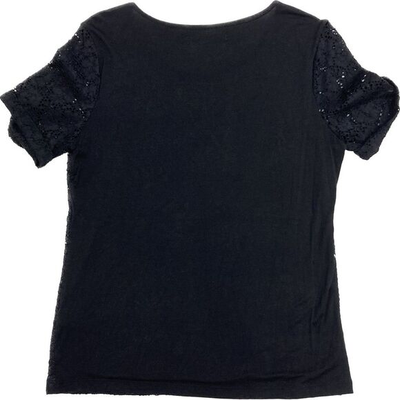 Ellen Tracy Company SZ M Black Lace Top Short Sleeves Layering Shirt Round Neck - Picture 3 of 8